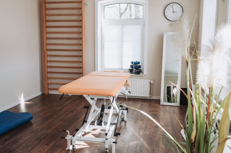 Die Physio Schmiede-Behandlungsraum Physiotherapie Heller Behandlungsraum mit Massageliege, Pflanzen und Therapiematerialien in der Physiotherapiepraxis.